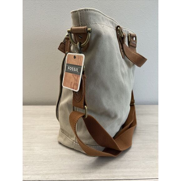 Fossil Workman CVS Canvas Utility Tote/Bag Large New Beige Brown Leather - Picture 6 of 16